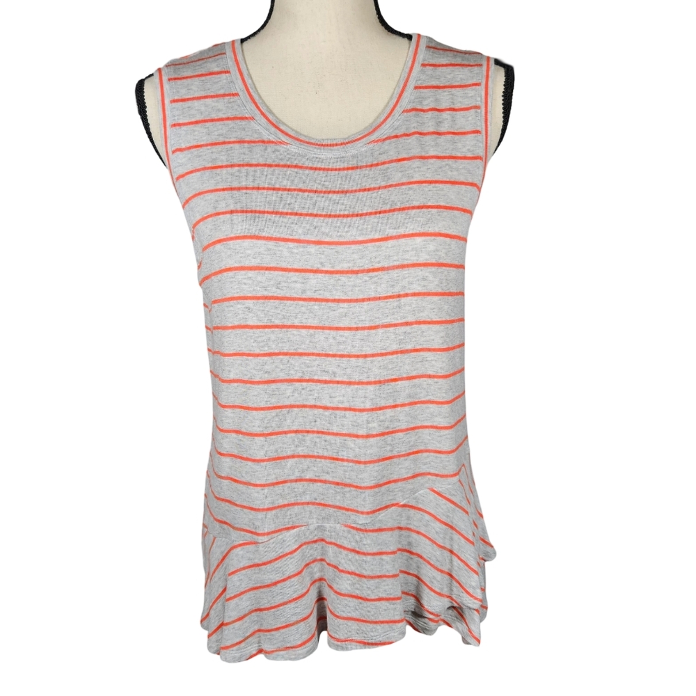 CAbi Womens Heather Gray/Orange Stripe Ruffle Tank Top, Small
